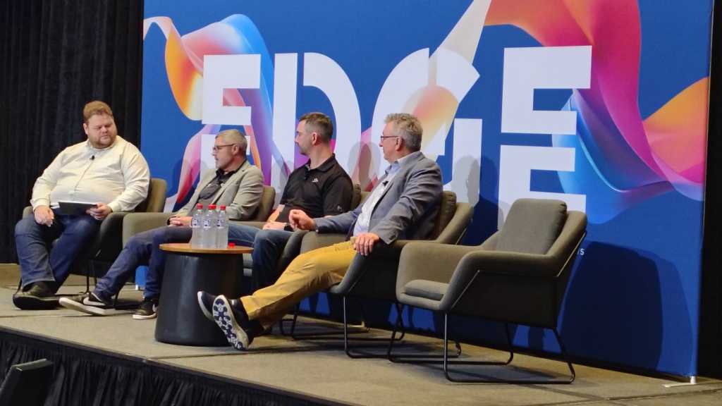 A photograph of, from left to right, 360 Consulting's Ryan Spillane, Tech Adata A/NZ's Craig Ashwood, Blackbird IT's Richard Stafford and Ericom's Kyle Page.